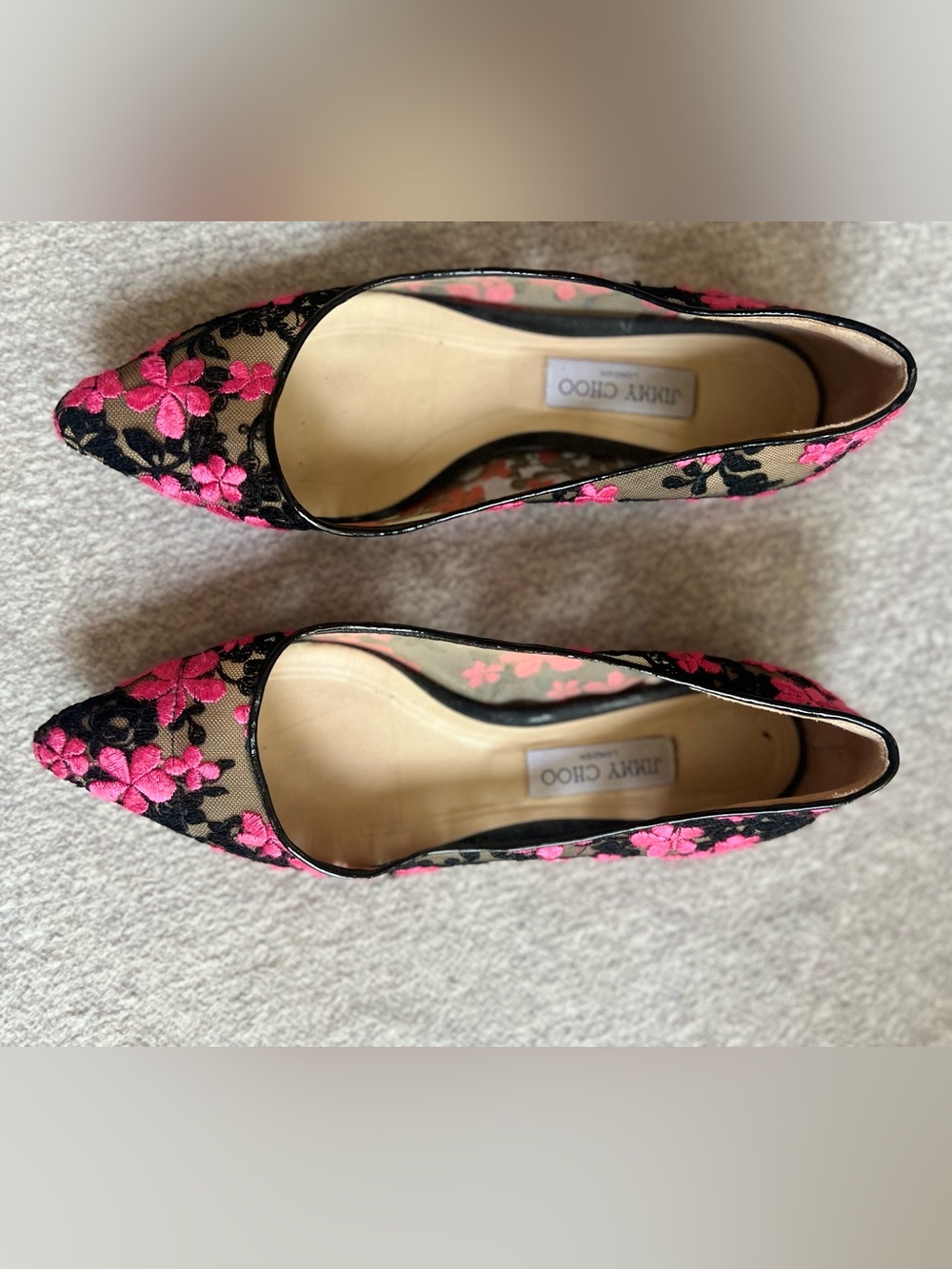 Jimmy Choo Black Lace Flats with Bright Pink Floral Embroidery - Picture 6 of 6